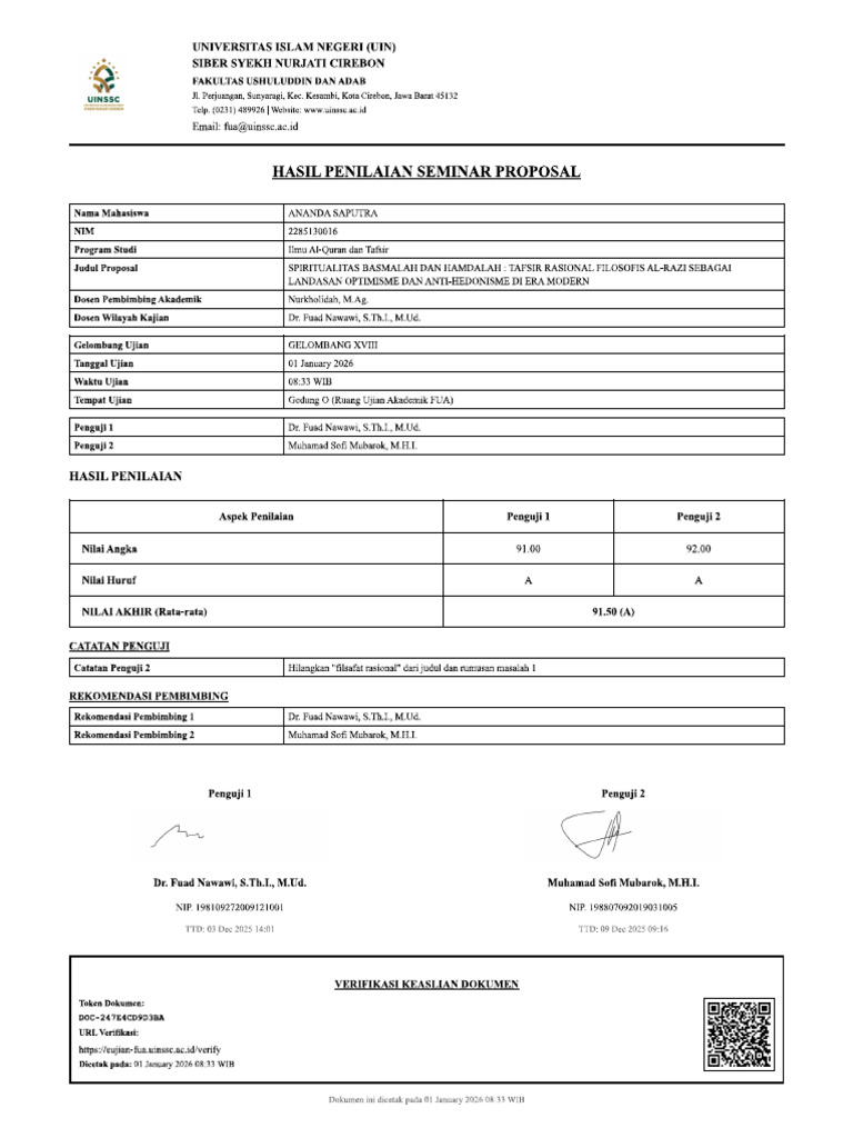 Hasil Penilaian Seminar Proposal Ananda Saputra | PDF