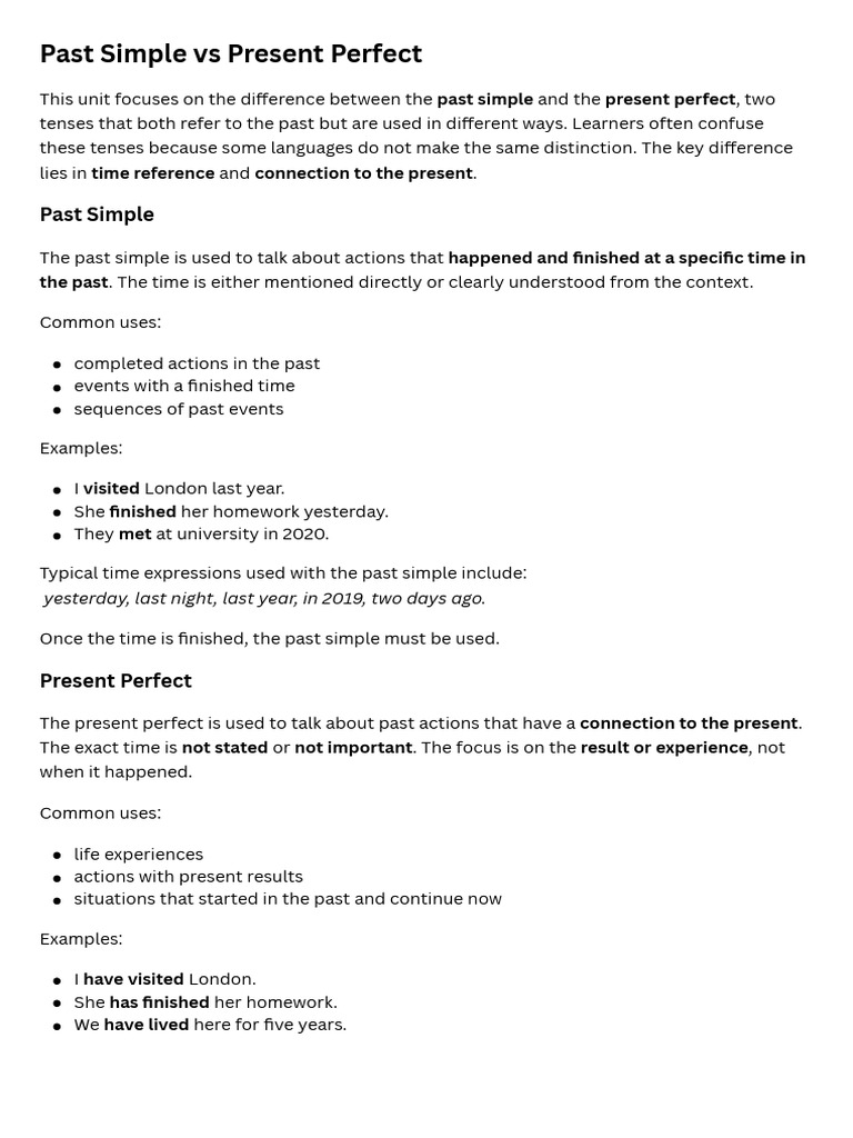 Past Simple Vs Present Perfect | PDF | Grammatical Tense | Syntax