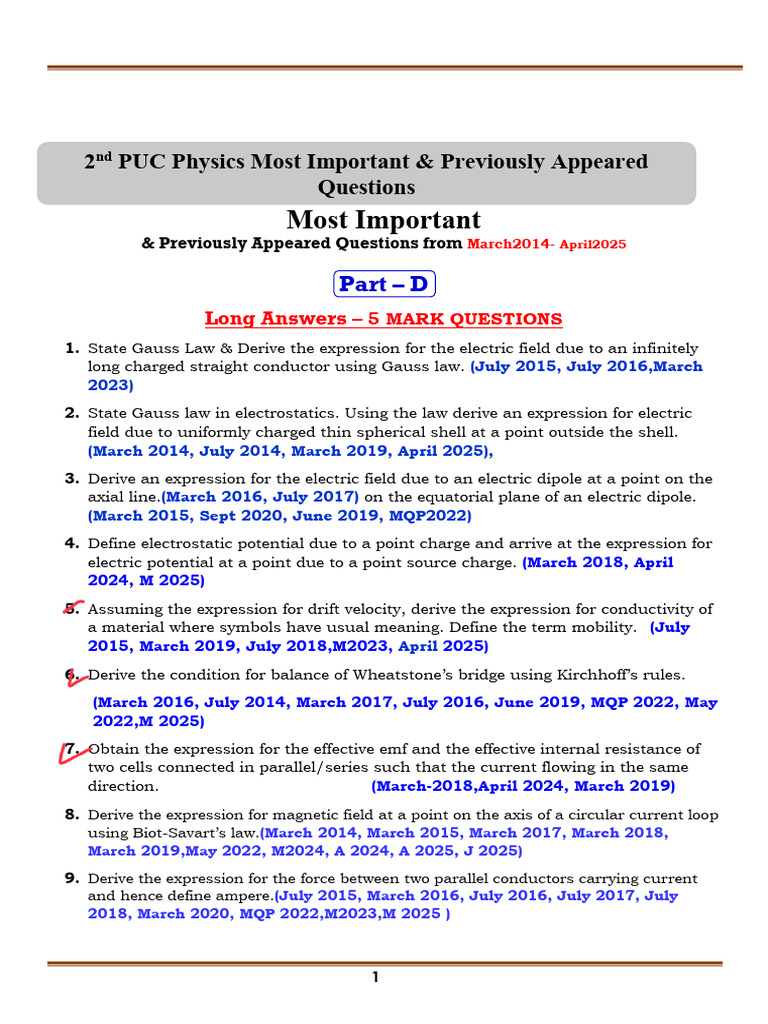 2026 2nd PUC PHYSICS Most Important Questions | PDF | Magnetic Field ...