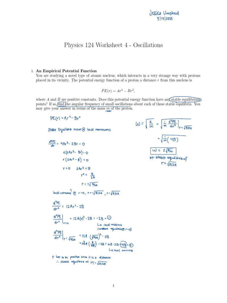 Physics 124 Worksheet 4 - Oscillations | PDF | Chemical Equilibrium ...