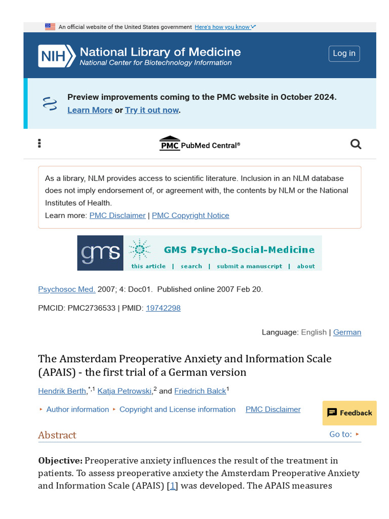 The Amsterdam Preoperative Anxiety and Information Scale | PDF ...