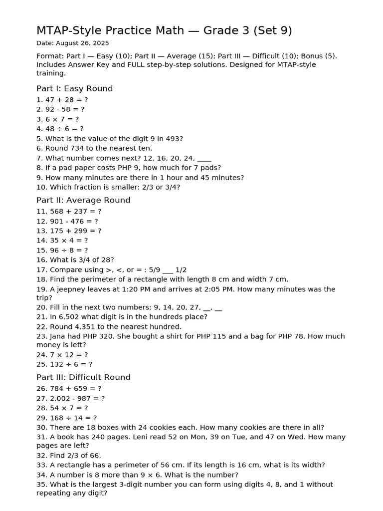Grade3 Math Contest Practice MTAP Day 16 | PDF | Arithmetic | Mathematics