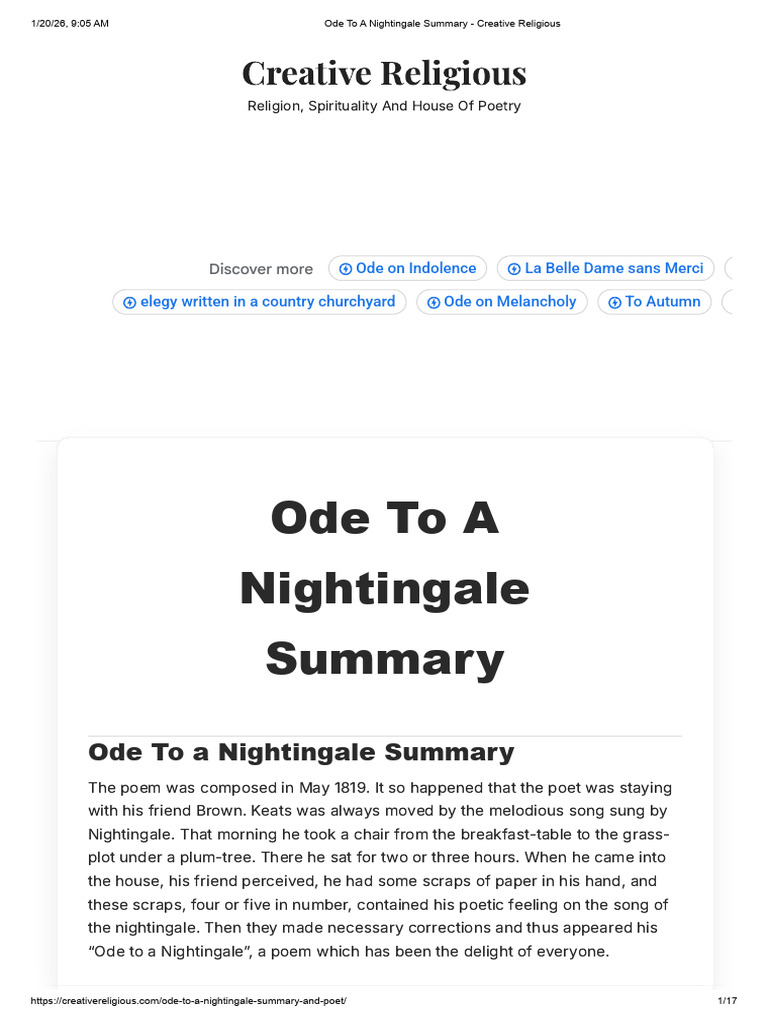 Ode To A Nightingale Summary - Study Material | PDF | John Keats | Poetry