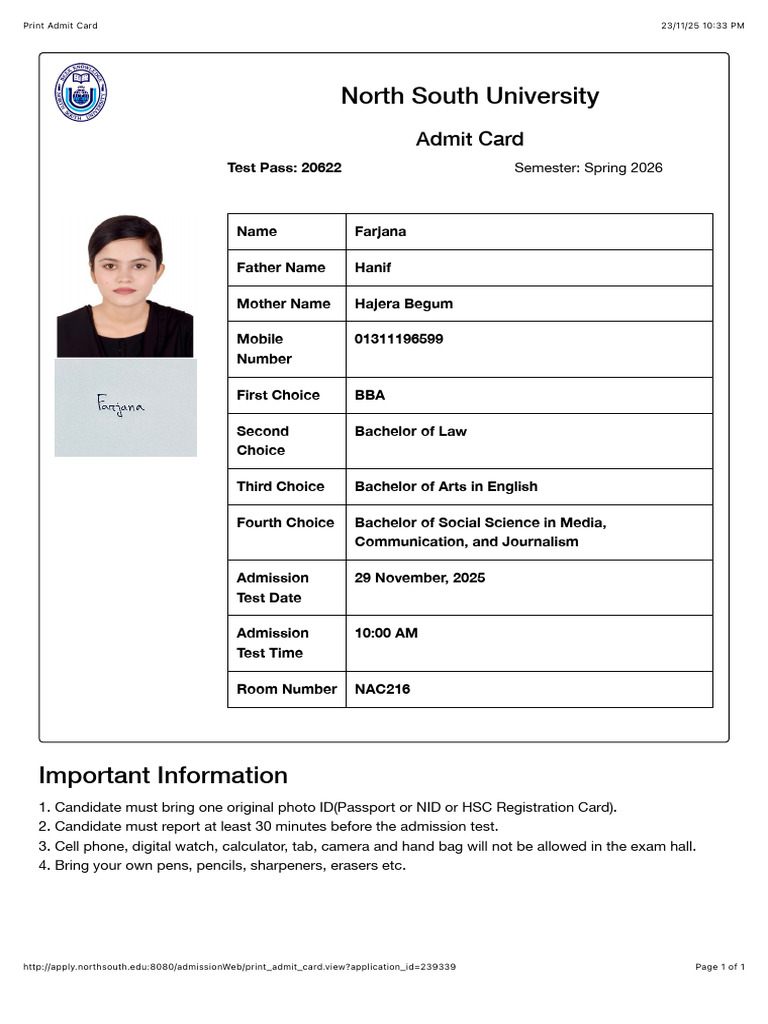Print Admit Card | PDF