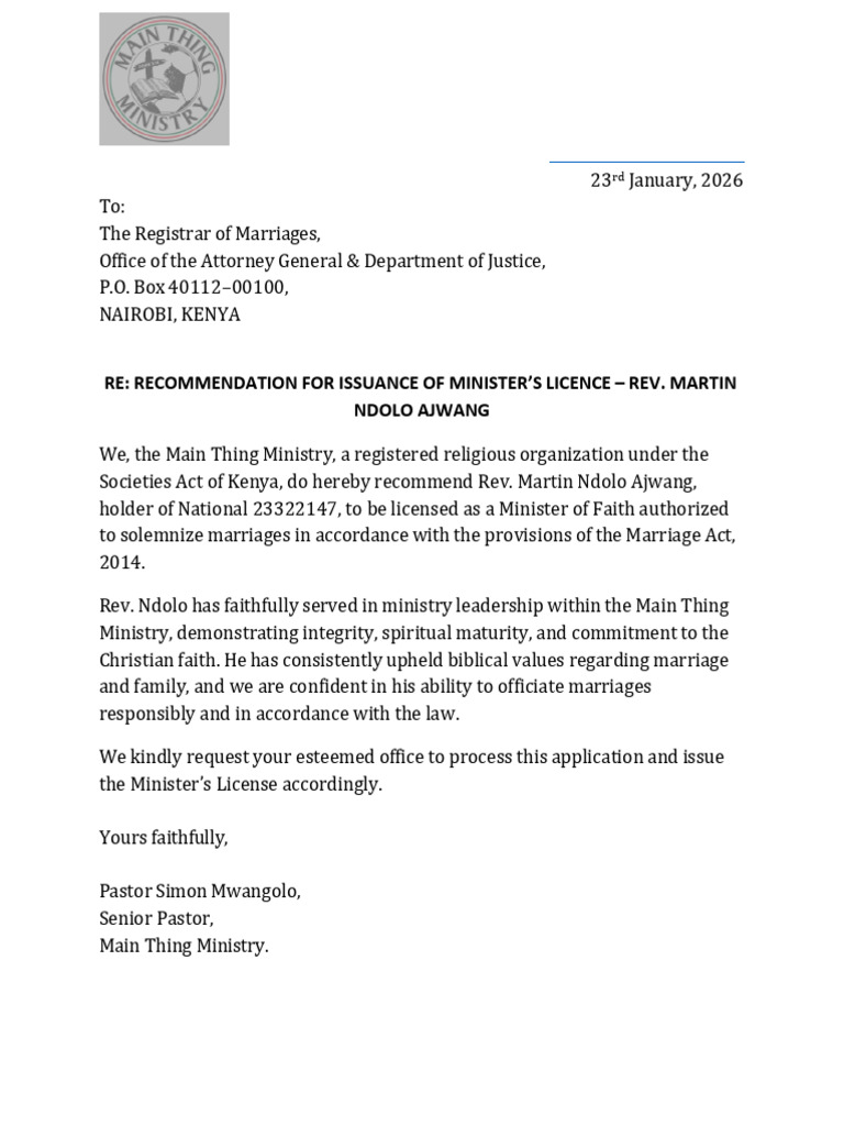 Recommendation Letter For Ministers License Rev Martin Ndolo | PDF