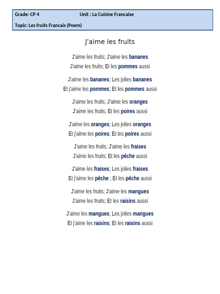 J'Aime Les Fruits | PDF