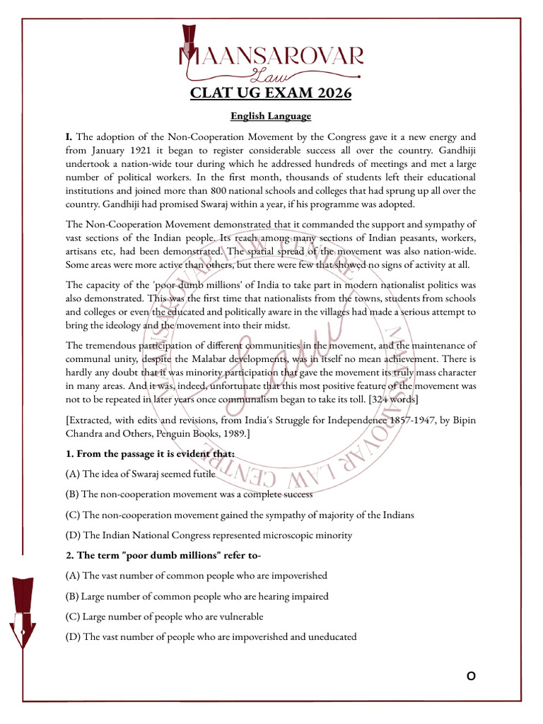 Clat Ug 2026 Question Paper With Answer Key 1 | PDF | Government