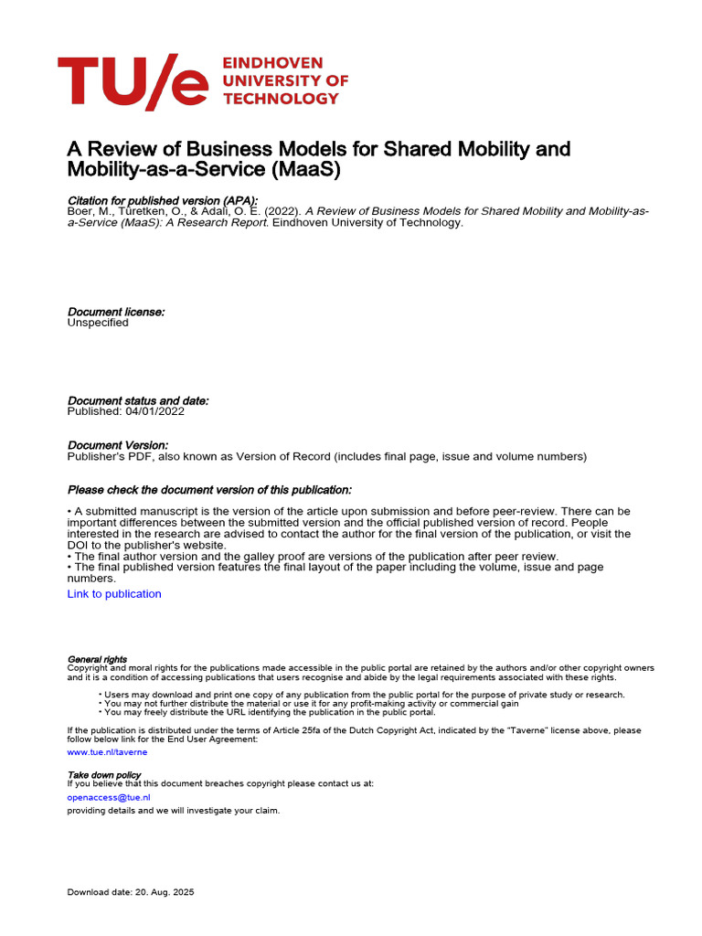 A Review of Business Models For Shared Mobility and MaaS A Research ...