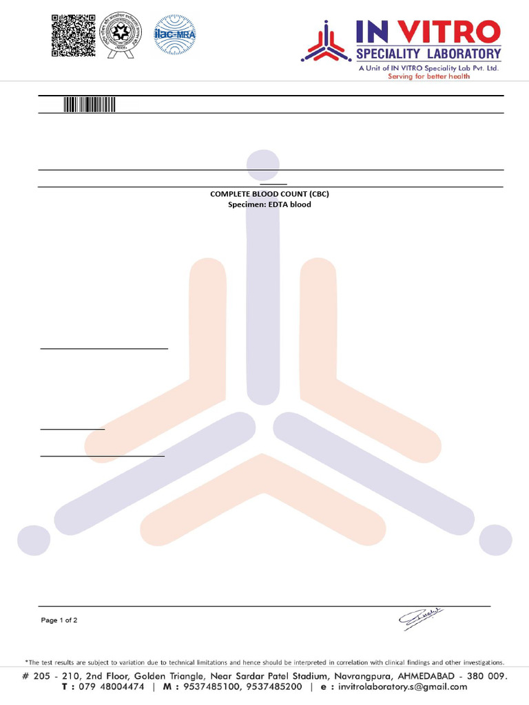 Test Report: Complete Blood Count (CBC) Specimen: EDTA Blood | PDF ...