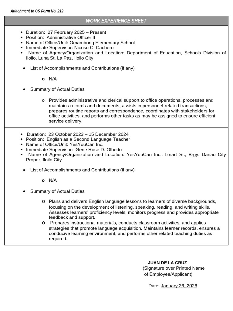 CS Form No. 212 Attachment Work Experience Sheet | PDF | Learning ...