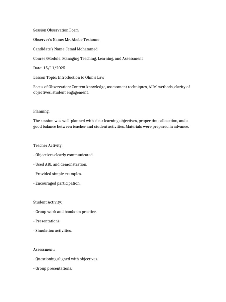Session Observation and Activities | PDF | Teaching Method | Learning