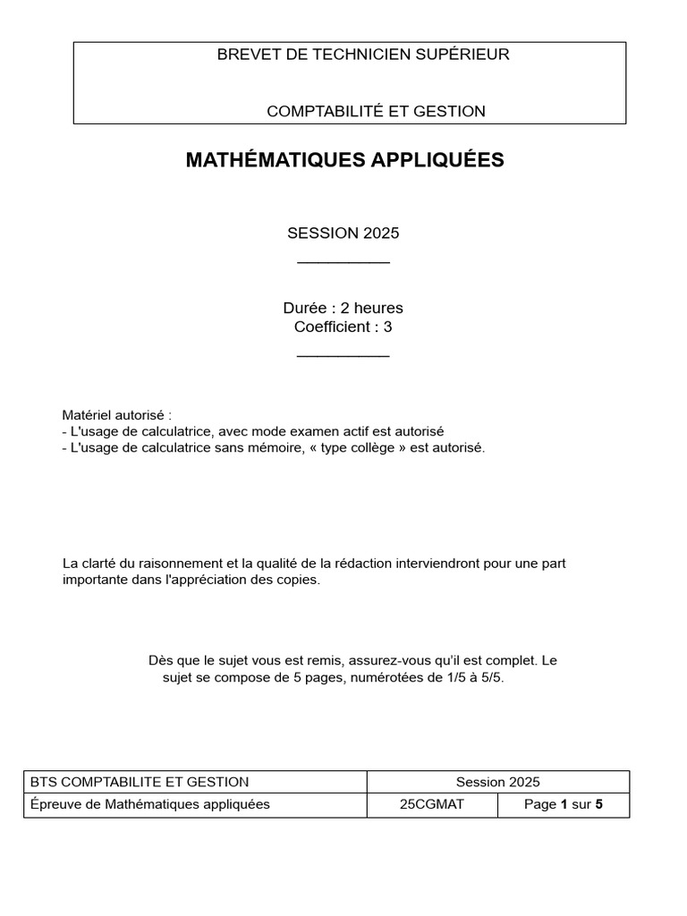 BTS CG 2025 Mathematiques | PDF | Prêts | Comptabilité financière