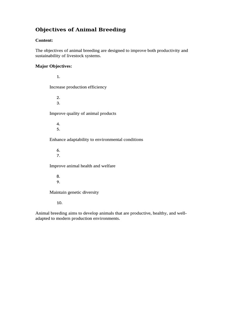 Objectives of Animal Breeding: Content | PDF