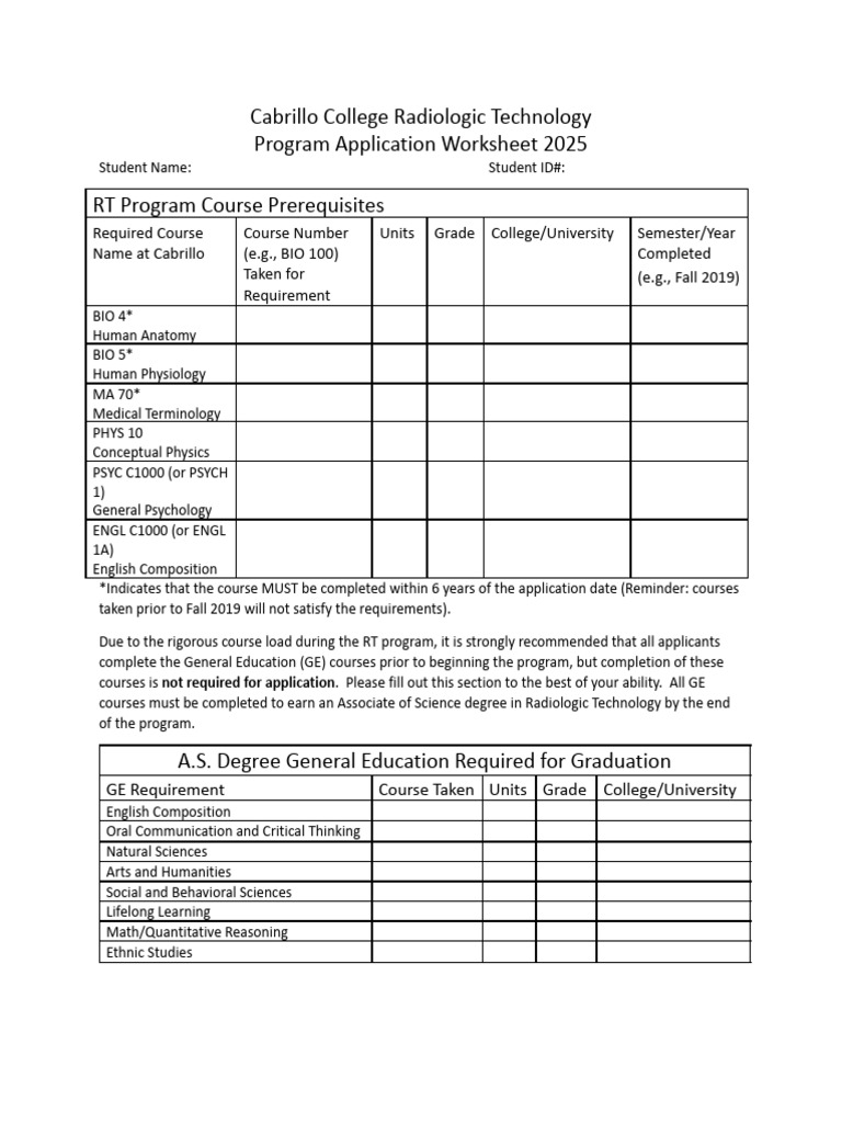 Cabrillo College Radiologic Technology Program Application Worksheet ...