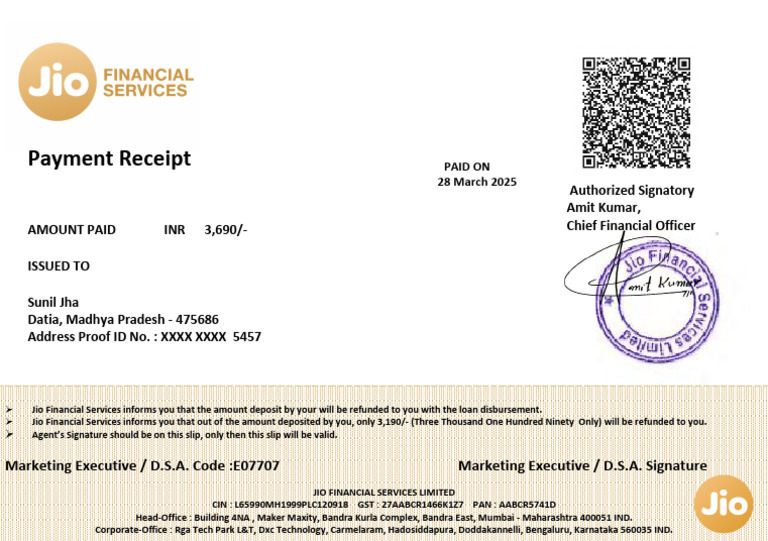 Sunil Jha JFG Payment Reciept | PDF