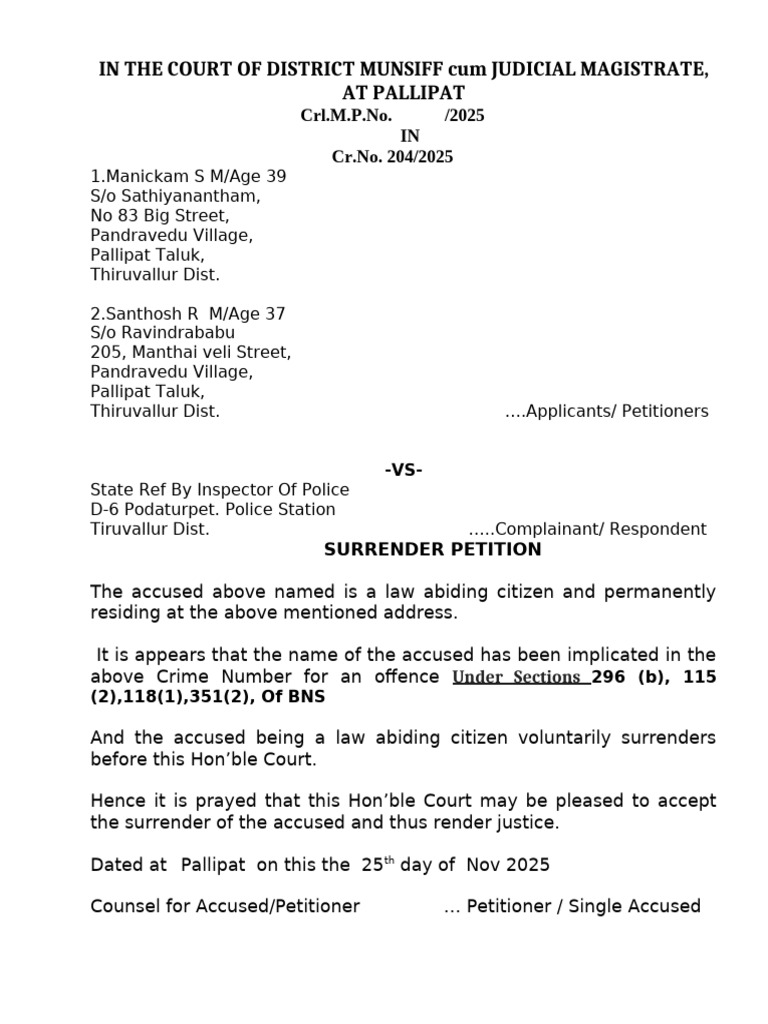 Surrender Petition For Mohan | PDF