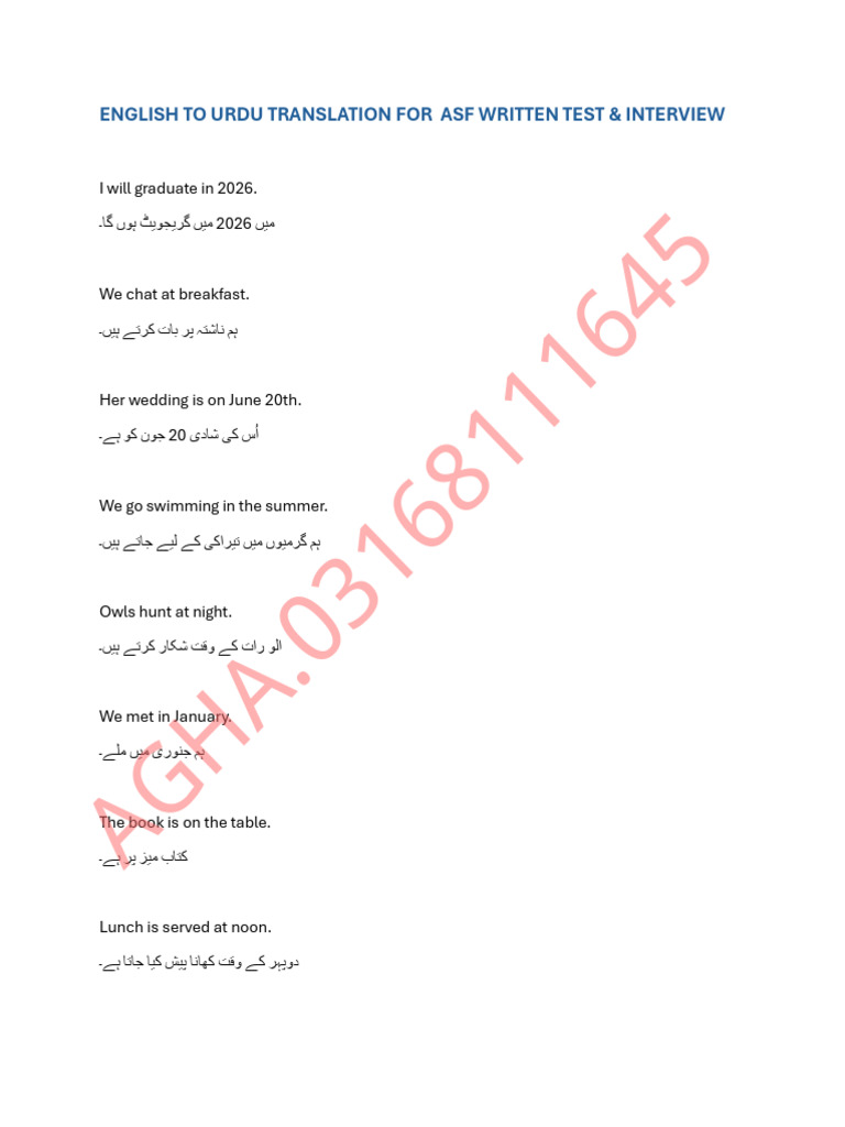 Translation Eng To Urdu For Asf Exams | PDF