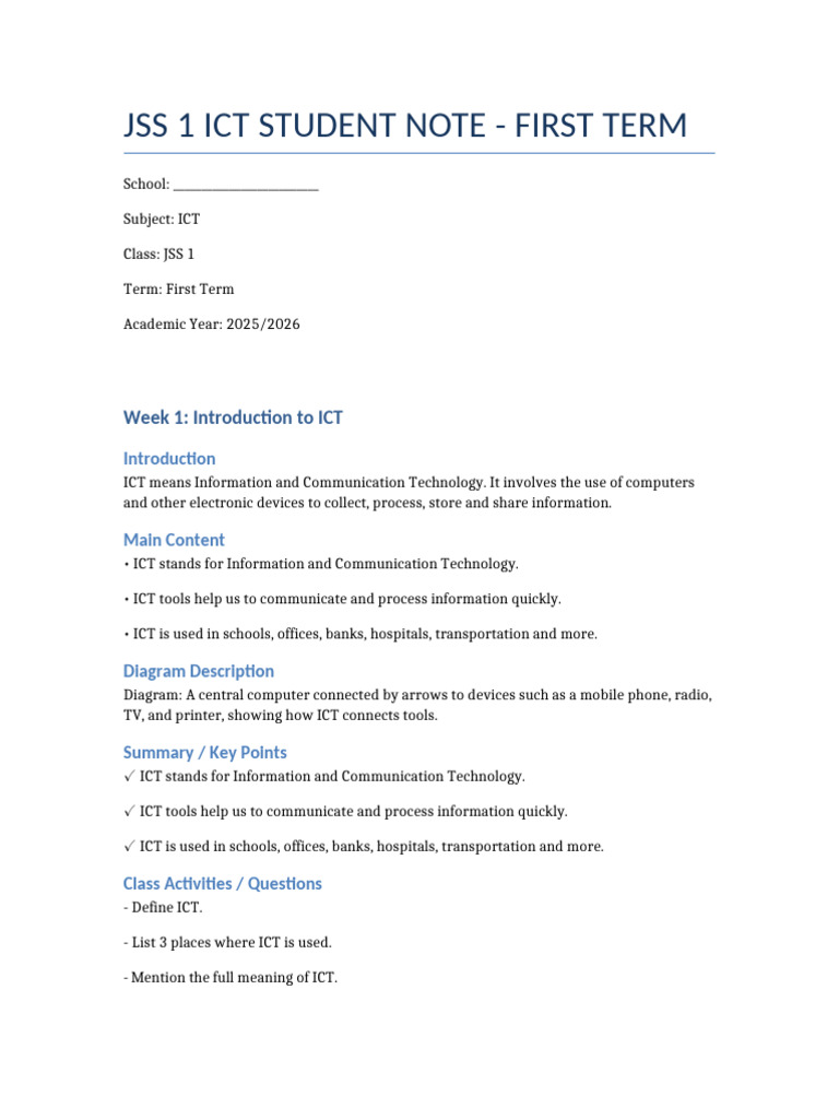 JSS1 ICT Student Note First Term | PDF | Microsoft Word | Computer Keyboard