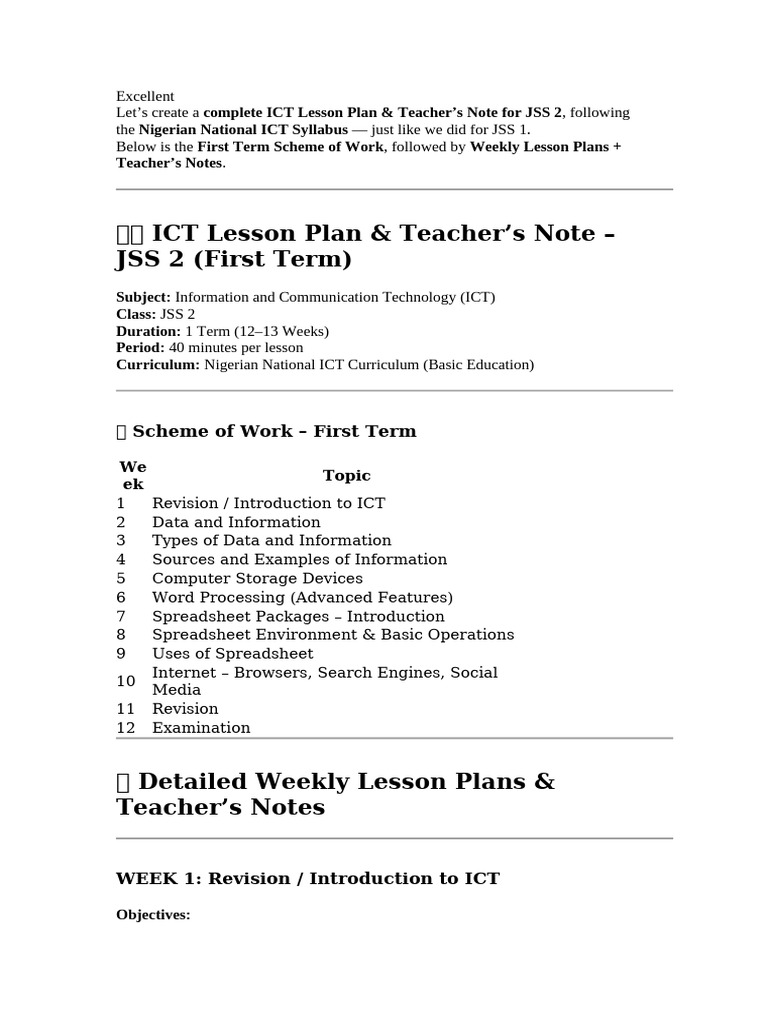 Jss2 ICT Lesson Plan 1st Term | PDF | Spreadsheet | Computer Data Storage