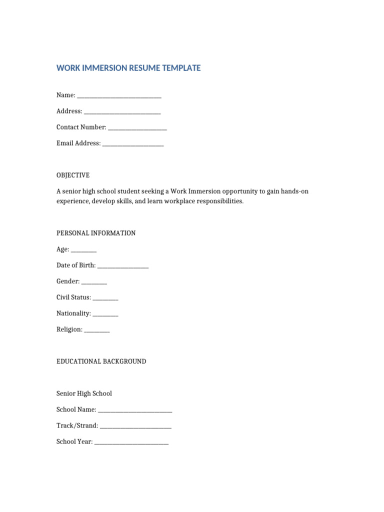 Work Immersion Resume Template | PDF