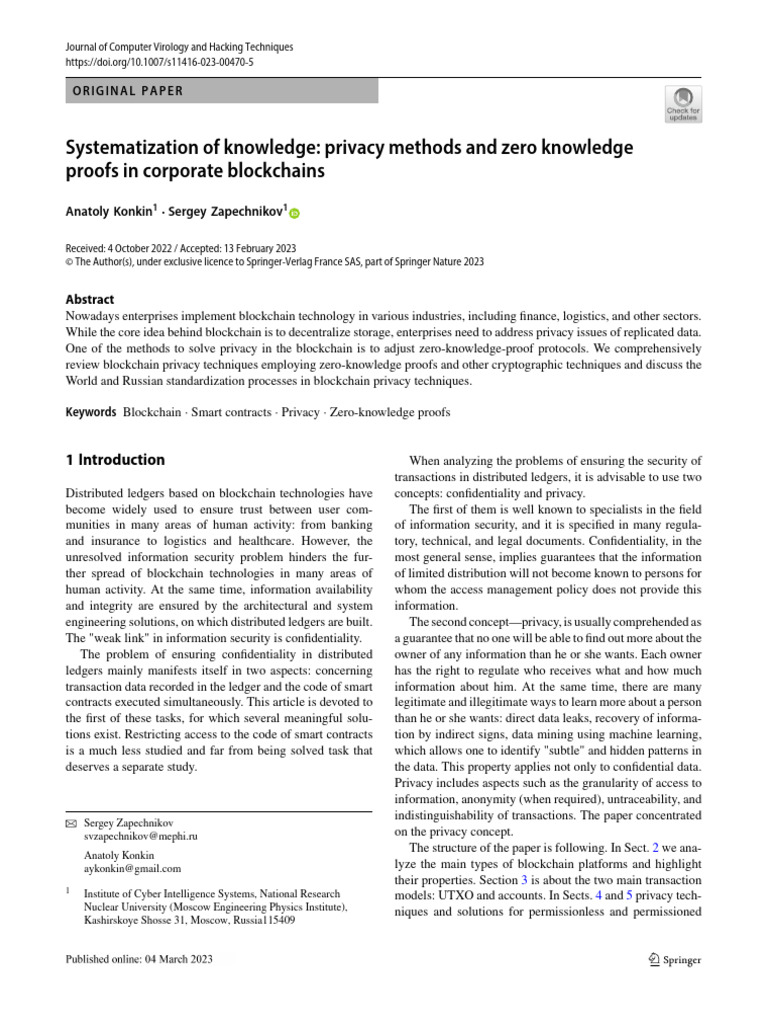 Systematization of Knowledge - Privacy Methods and Zero Knowledge | PDF ...