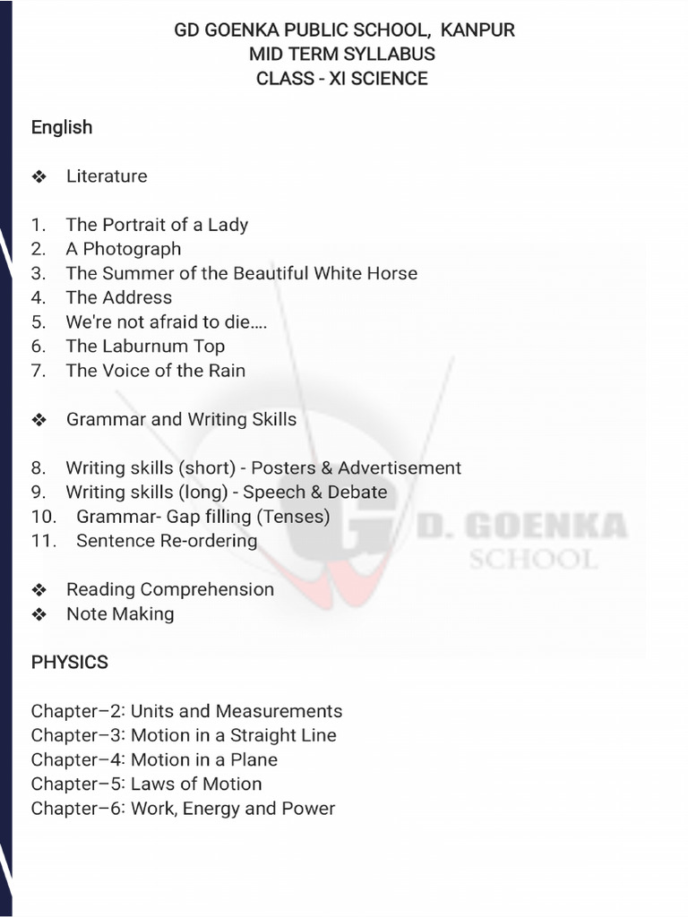 Grade 11 Science Mid Term Syllabus 202425 | PDF