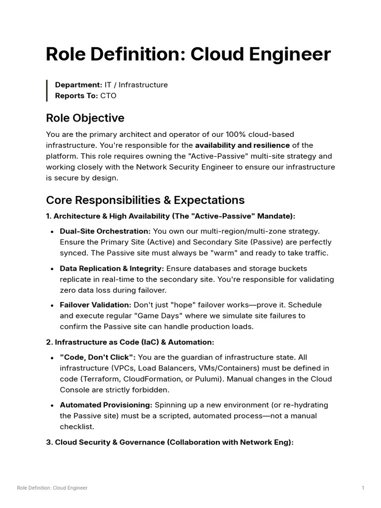 Role Definition Cloud Engineer | PDF | Cloud Computing | Computer Science