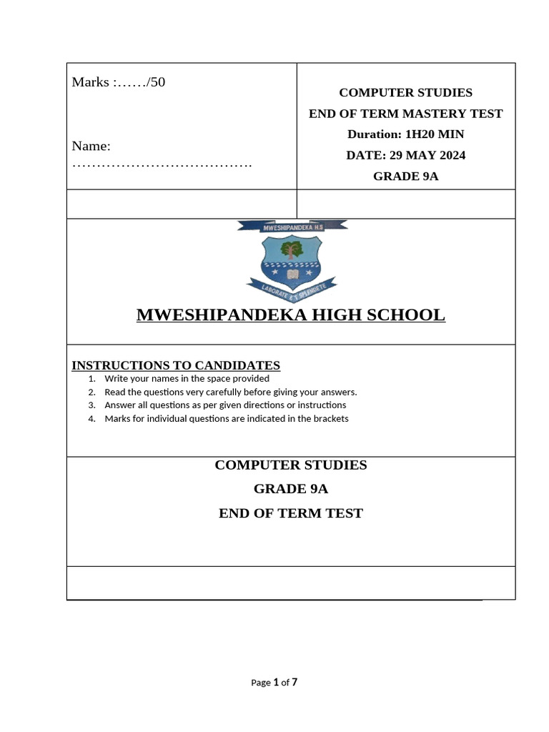 Computer Studies End of Term Test | PDF | Spreadsheet | Duplex ...