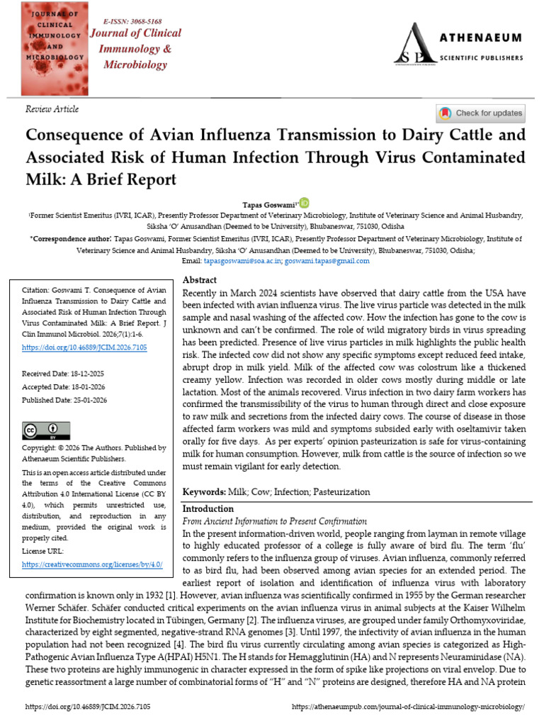 Consequence of Avian Influenza Transmission To Dairy Cattle and ...