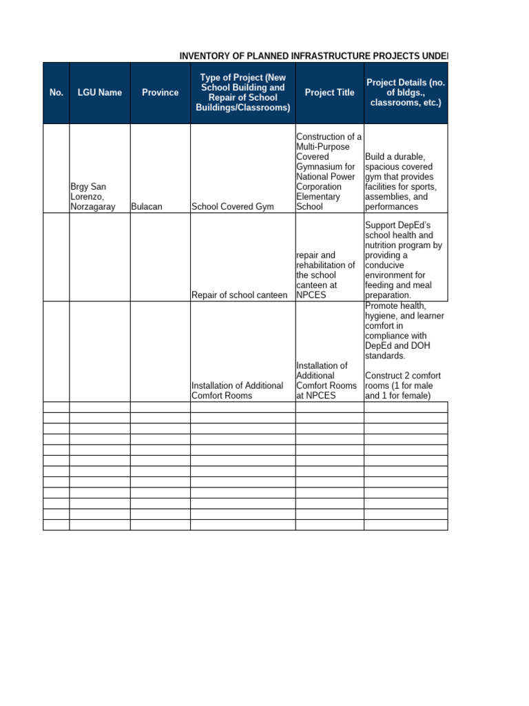 TEMPLATE Inventory of Infra Projects Under The BDP | PDF