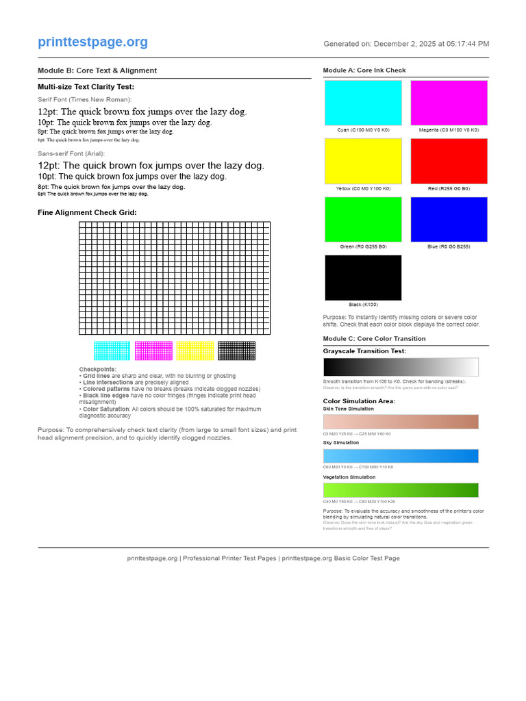 Free Print Test Page - B&W & Color | PDF | Color | Text