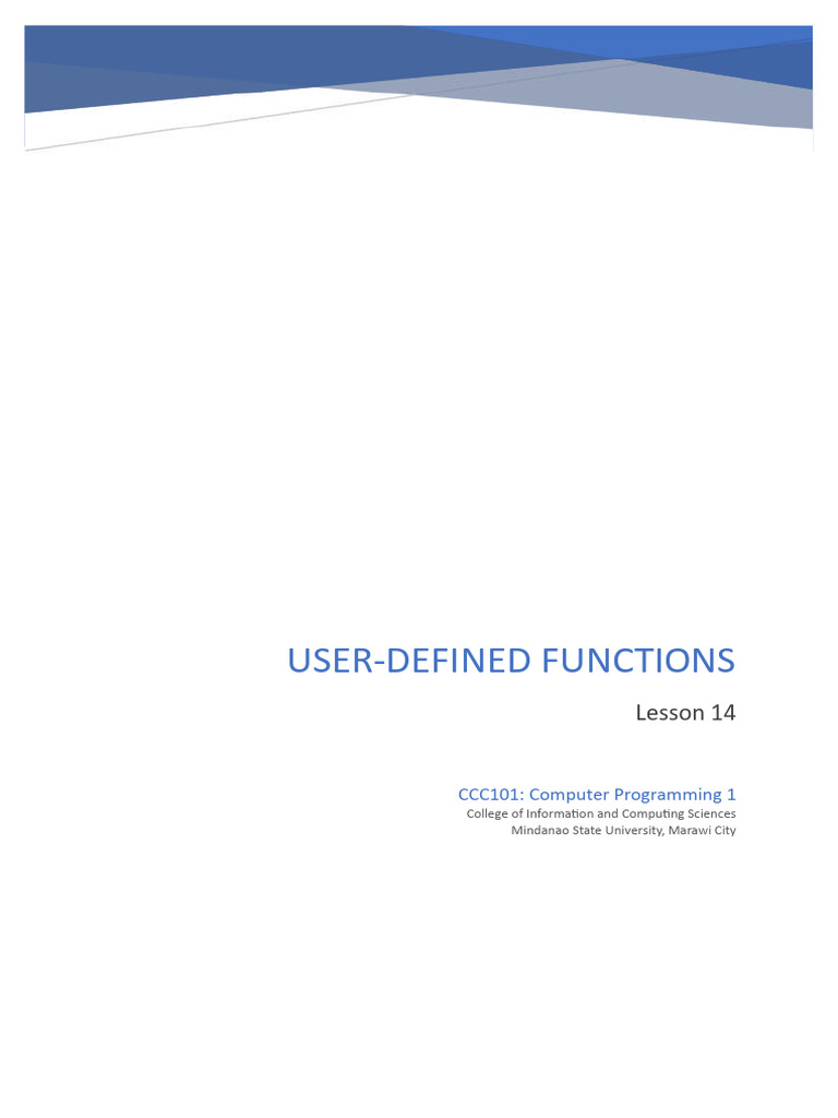 CCC101 Lesson 14 - User-Defined Functions | PDF | Parameter (Computer ...