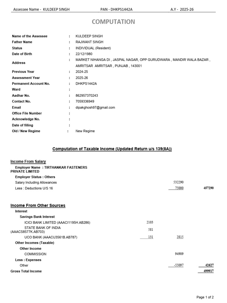 Kuldeep Singh Dhkps1442a Computation 2025-26 Form2 | PDF | Tax Refund ...