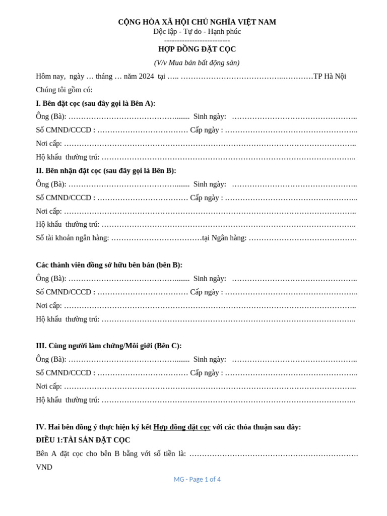 Hop Dong Dat Coc BTD | PDF