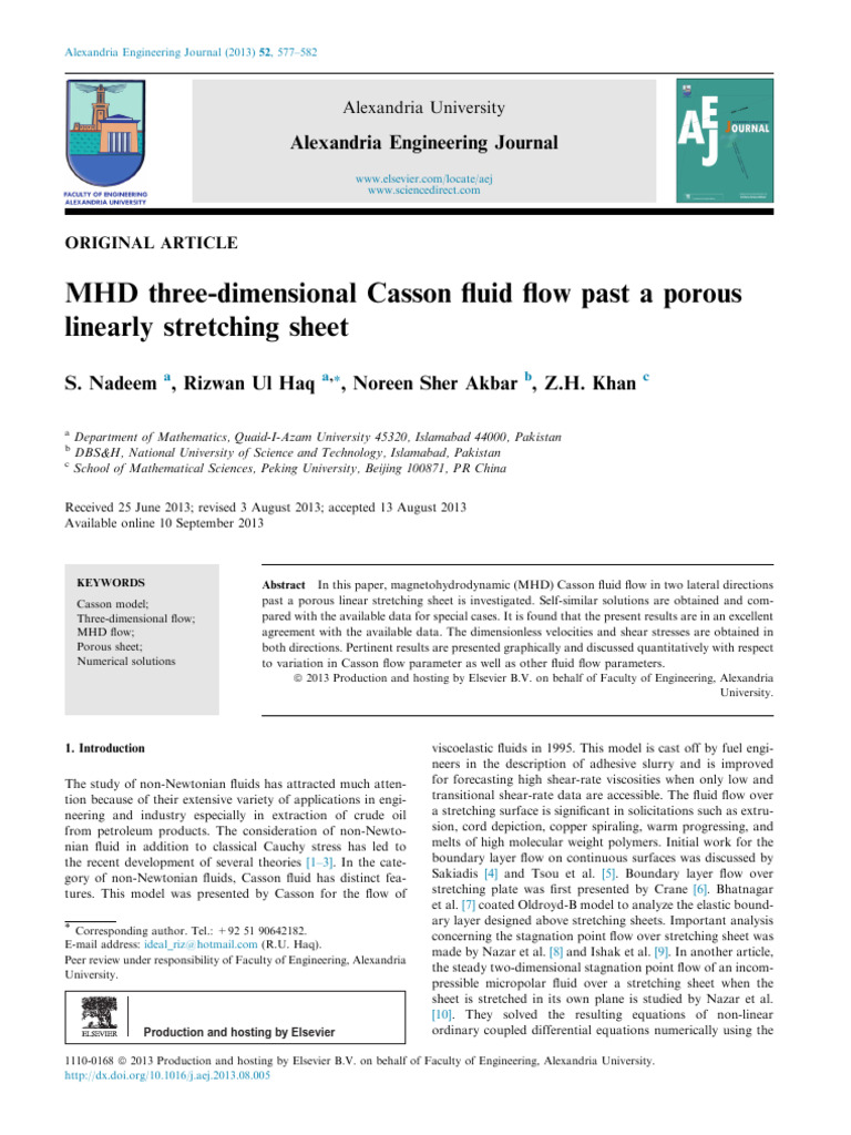 3d Casson Fluid Flow Past A Porous Plate | PDF | Boundary Layer | Shear ...