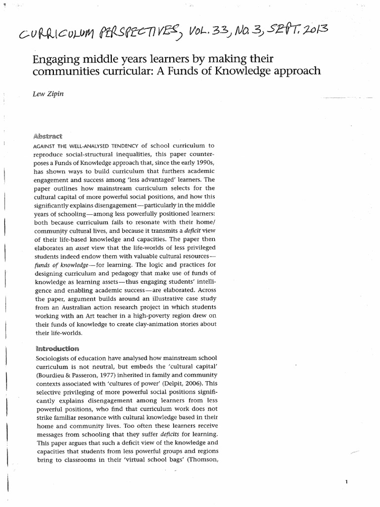 Zipin 2013 Engaging Middle Years Learners Funds of K Approach | PDF