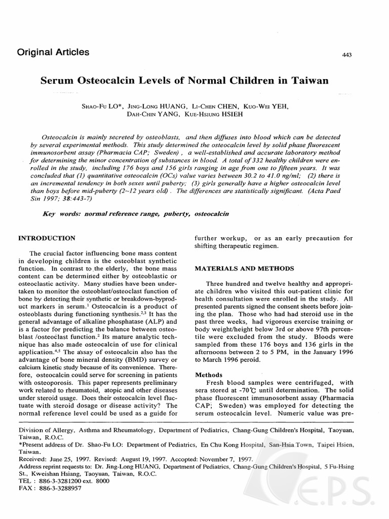 1997 Serum Osteocalcin Levels of Normal Children in Taiwan | PDF
