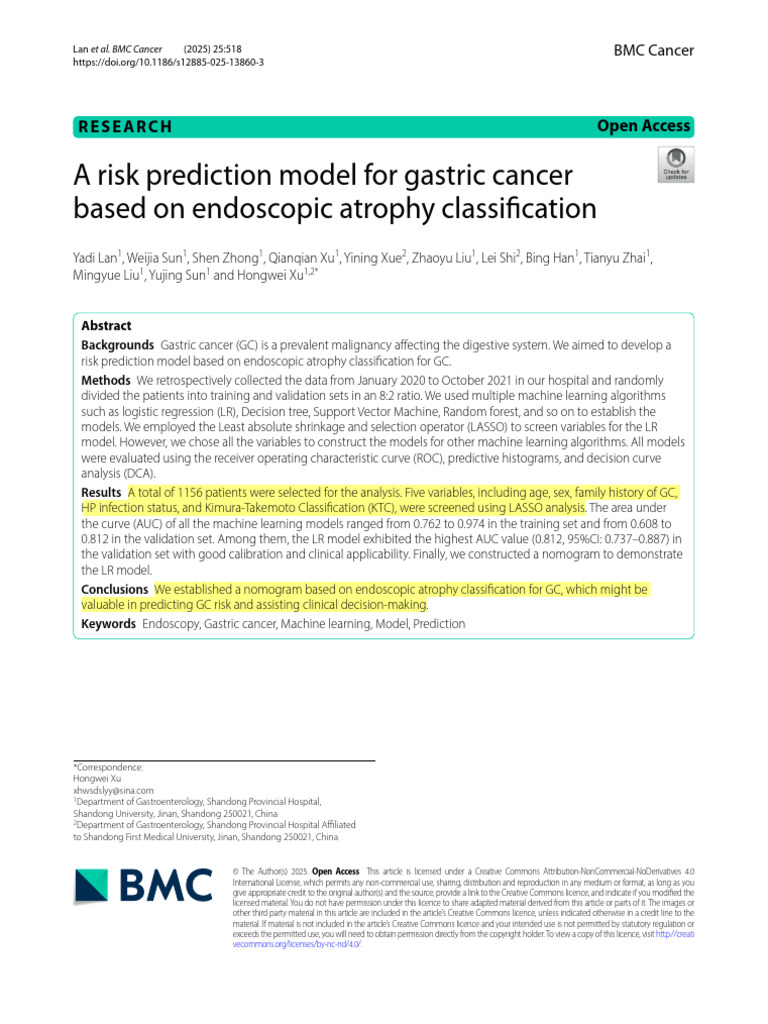 A Risk Prediction Model For Gastric Cancer Based On Endoscopic Atrophy ...