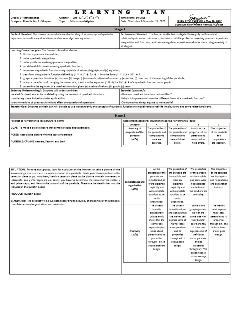 Weekly Learning Plan (Math 9 - Q2) | PDF | Quadratic Equation ...
