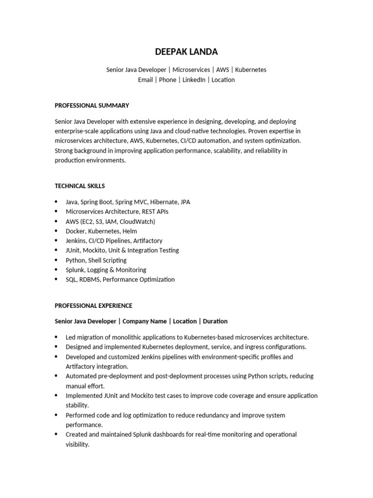 ATS Optimized Senior Java Developer Resume | PDF