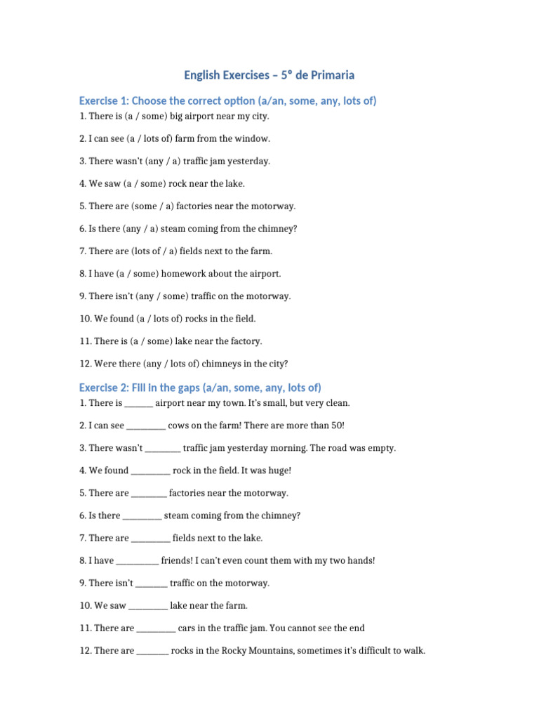 Exercises Articles and Quantifiers 5 Primaria | PDF