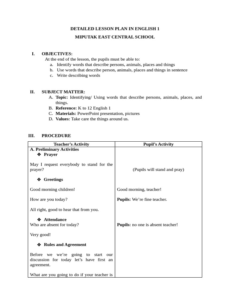 DETAILED LESSON PLAN IN ENGLISH 1 Describing Words | PDF