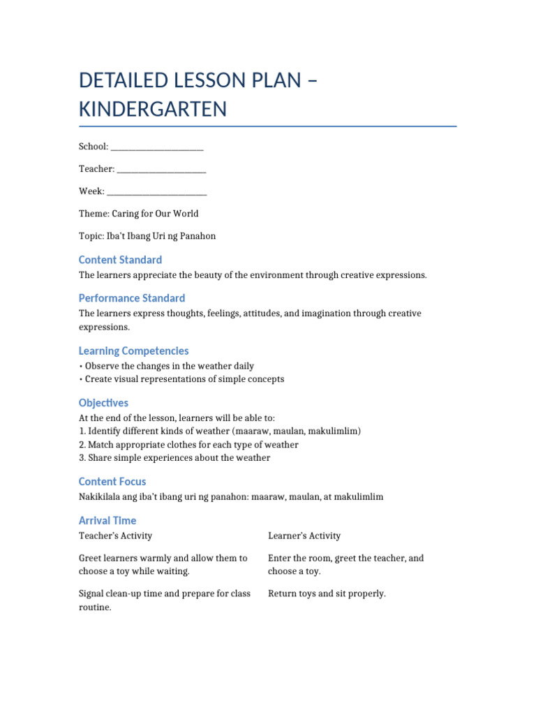 Detailed Lesson Plan Kindergarten Weather COMPLETE | PDF | Learning ...