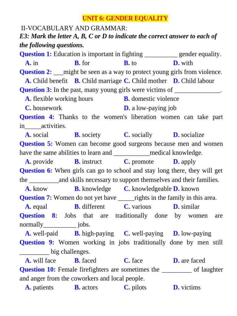 Bai Tap Bo Tro Tieng Anh 10 Global Unit 6 GENDER EQUALITY | PDF ...