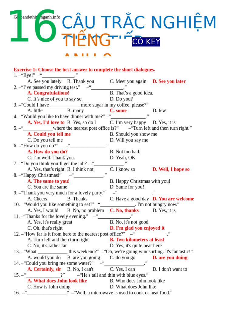(123doc) 160 Cau Trac Nghiem Giao Tiep Co Key Tieng Anh 9 | PDF