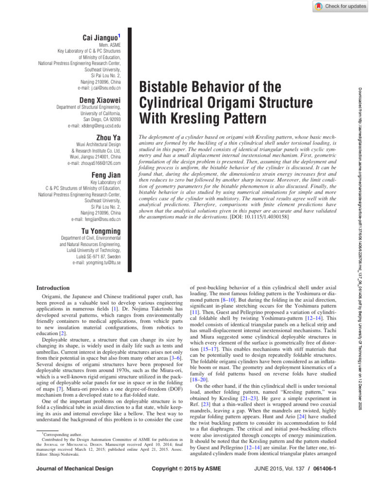 Bistable Behavior of The Cylindrical Origami Structure With Kresling ...