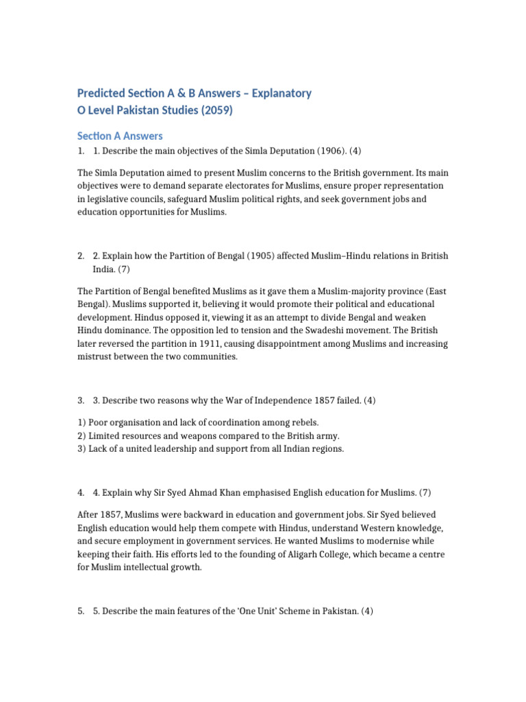 Predicted SectionA B Answers Pak Studies 2059 | PDF | Pakistan ...