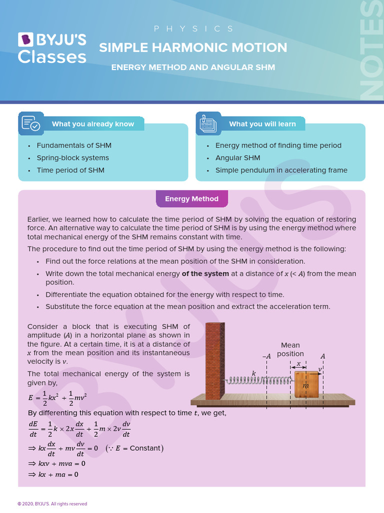 6-Energy Method and Angular SHM | PDF | Force | Motion (Physics)