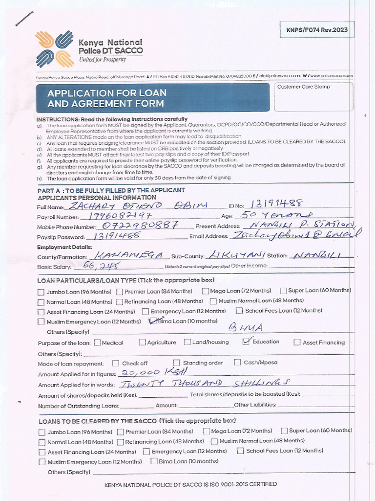 Zachary Otieno Obim KNPS Loan Form | PDF