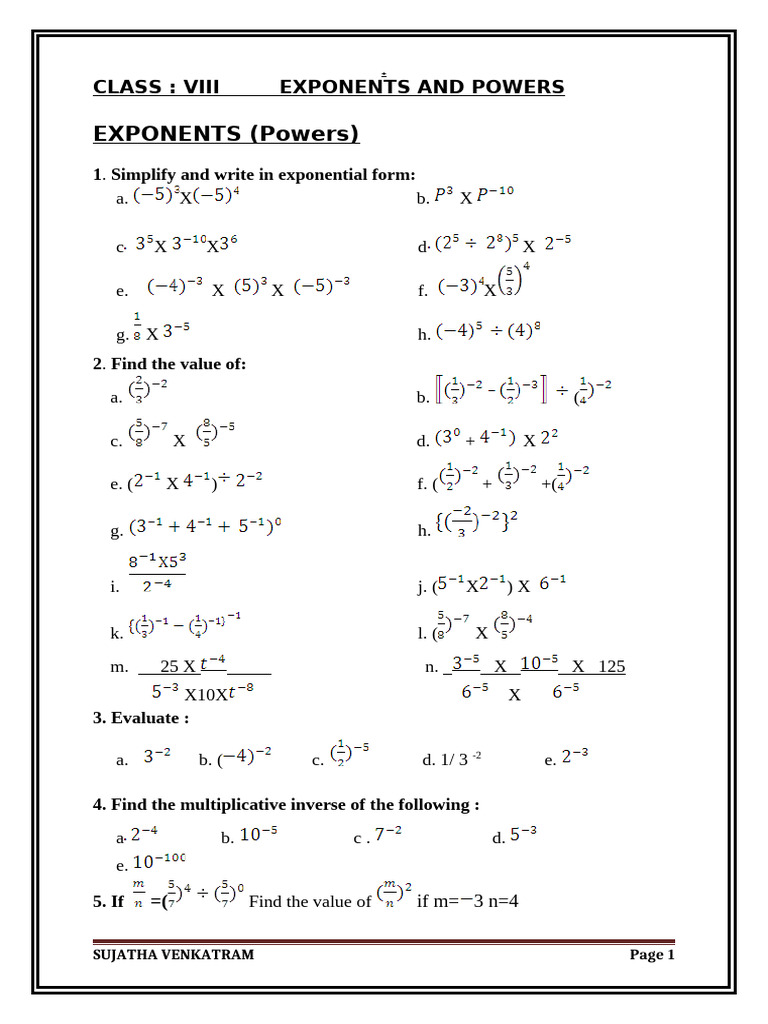 ClassVIII Math Exponents Assgn | PDF | Exponentiation | Elementary ...